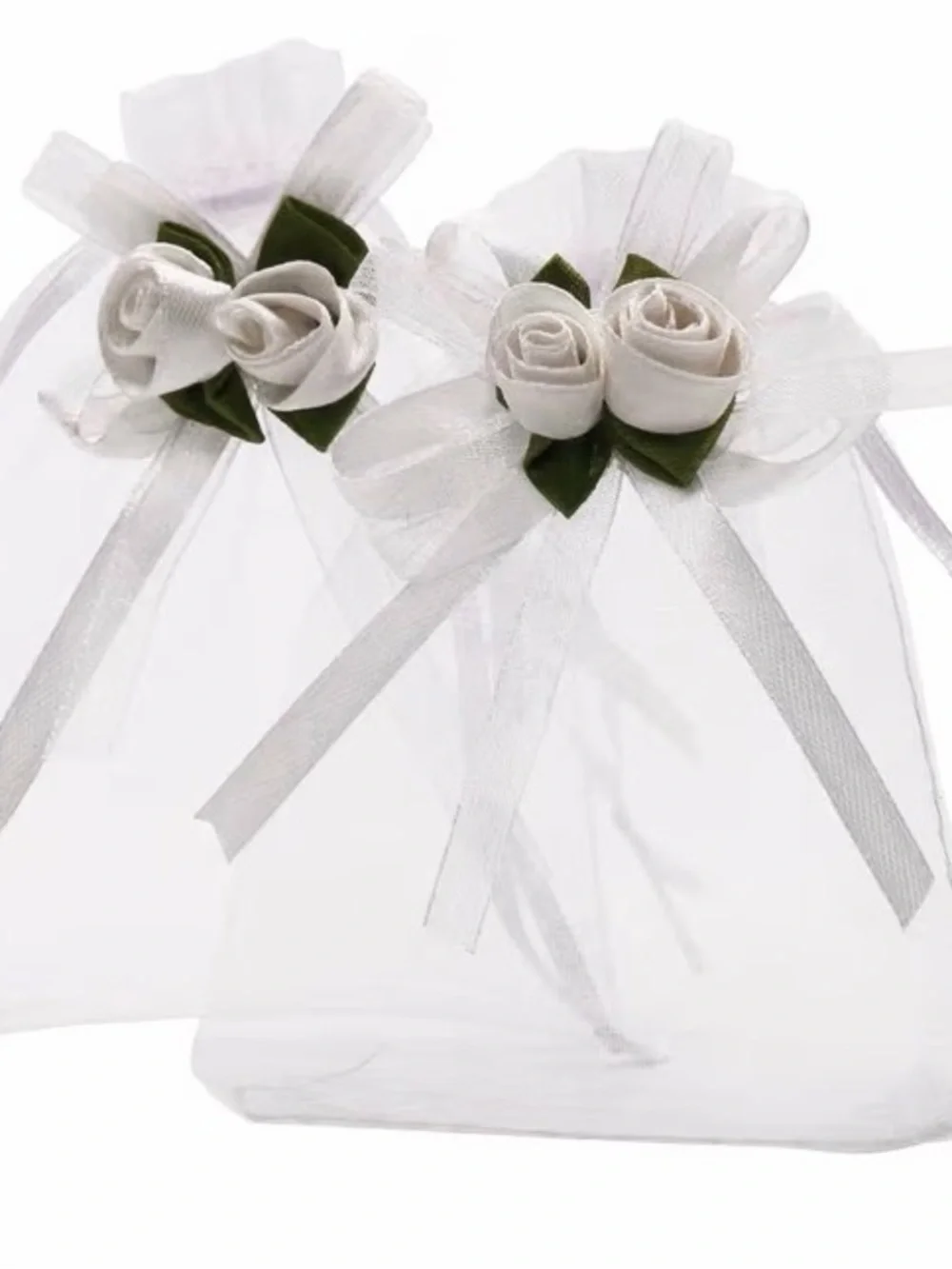 Elegant White Rose Organza Favor Bags with Green Leaves - 50 bags